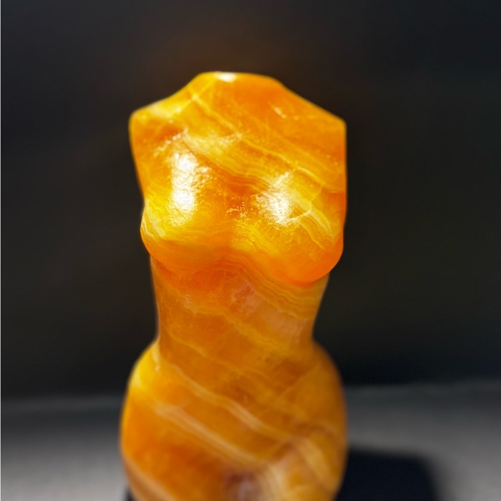 Banded Orange Calcite Female Torso Crystal Sculpture, 6” tall, Over 1 pound